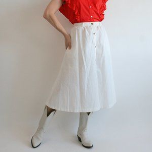 70s white linen blend high waist midi a-line button up skirt w/ pockets | 26”